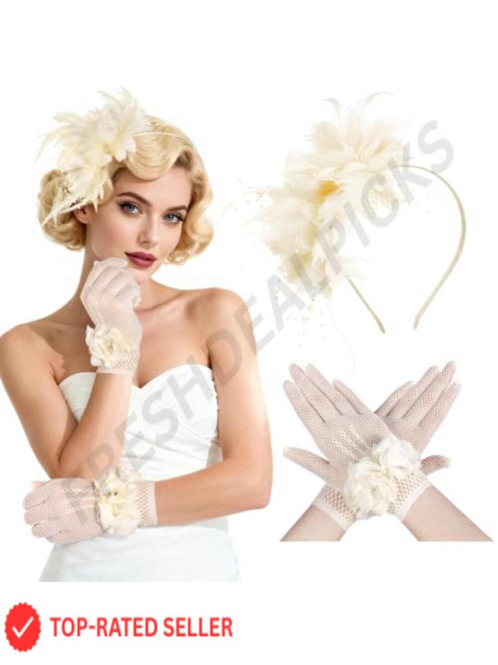 Women's Fascinator & Gloves Set with Veil Feathers Faux Pearl for Tea Party